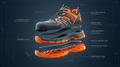 Exploded concept illustration of grey and orange lace-up sneaker