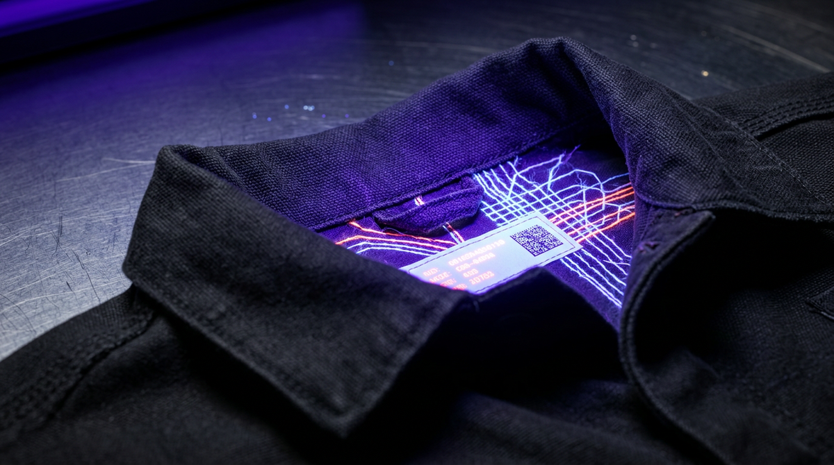 Macro view of a dark garment collar under UV light, showing violet and orange circuit-style lines and a sewn-in QR-code label.