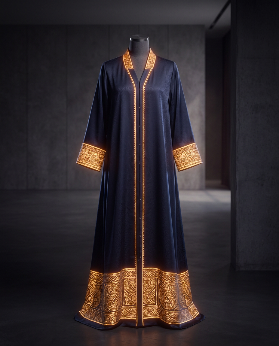 Traditional Lady Abaya concept render, front view in midnight blue with amber-coloured patterned collar, cuffs and hem.