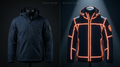 Split-screen campaign image of a dark navy hooded parka on a mannequin, shown with discreet seams on the left and bright orange detailing on the right.