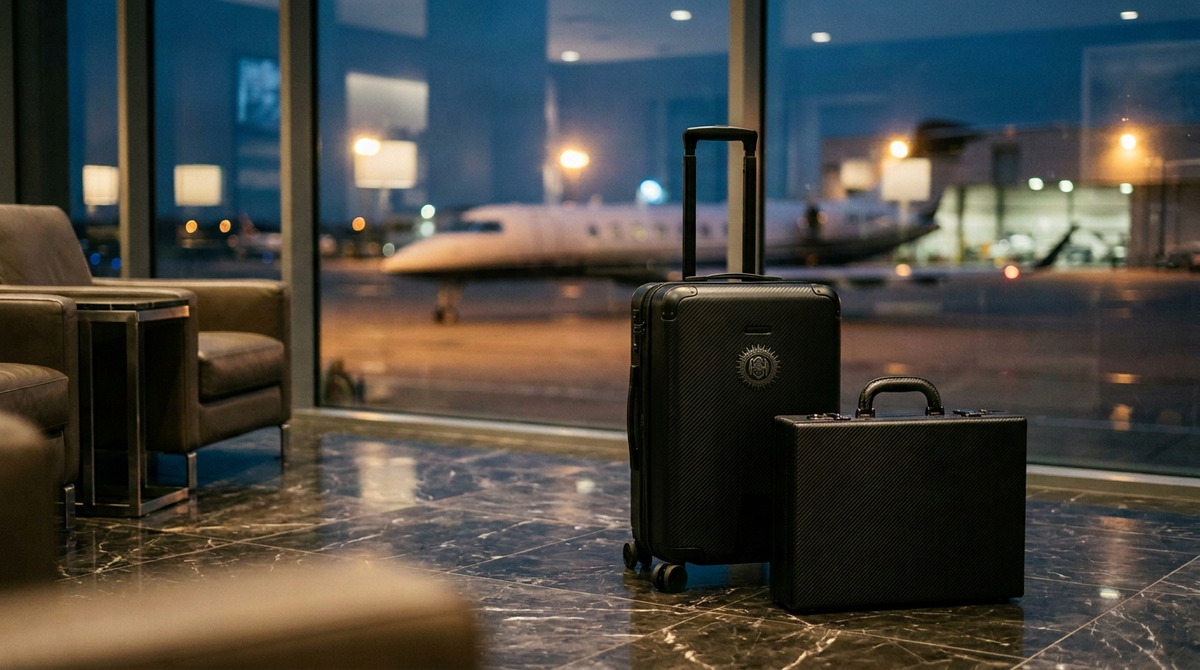 Black carbon-pattern trolley and executive briefcase in an airport lounge with a private jet visible through the windows.