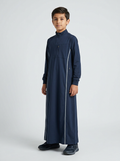 Navy youth thobe with standing collar and light contrast lines