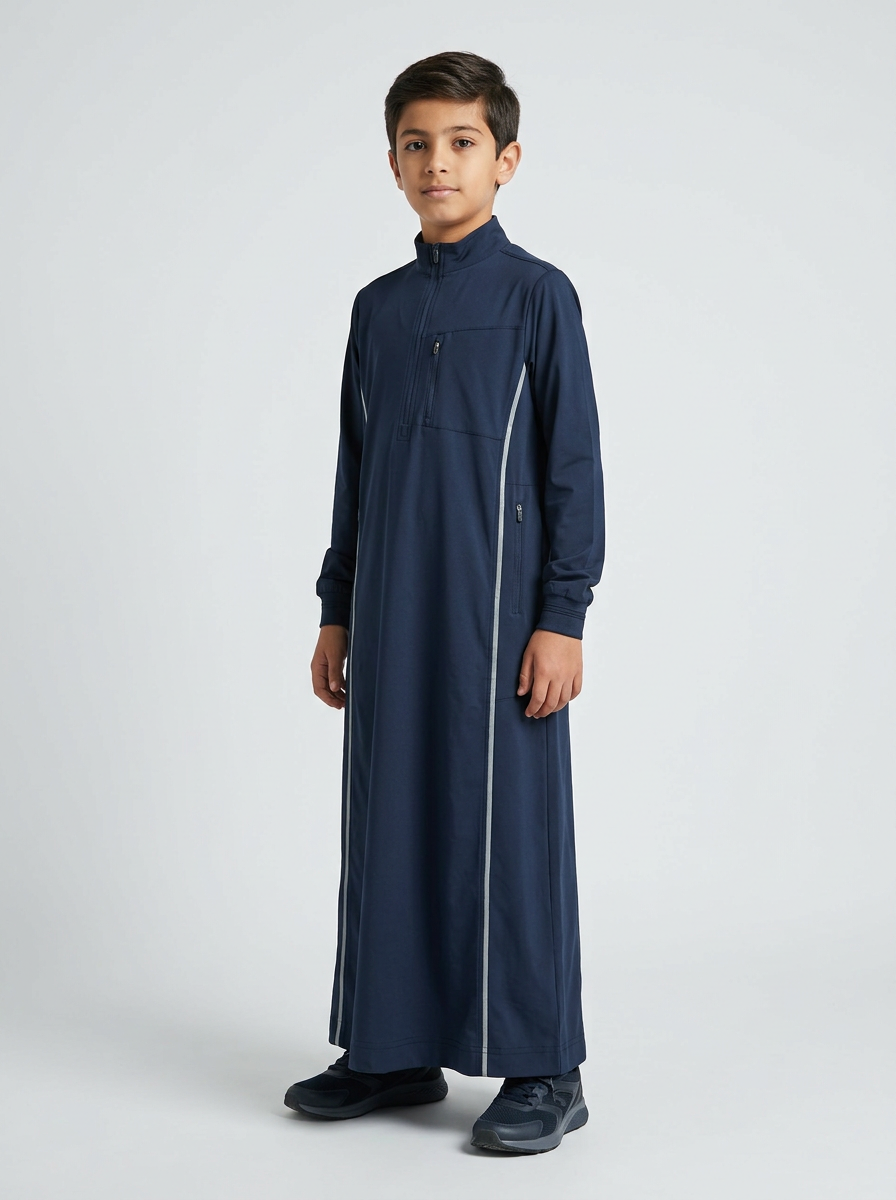 Navy youth thobe with standing collar and light contrast lines