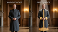 Estate Series split-screen campaign showing a man in a charcoal long coat, with amber-coloured collar, closure, cuff and hem detailing in the right-hand view.