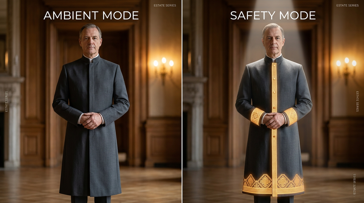 Estate Series split-screen campaign showing a man in a charcoal long coat, with amber-coloured collar, closure, cuff and hem detailing in the right-hand view.