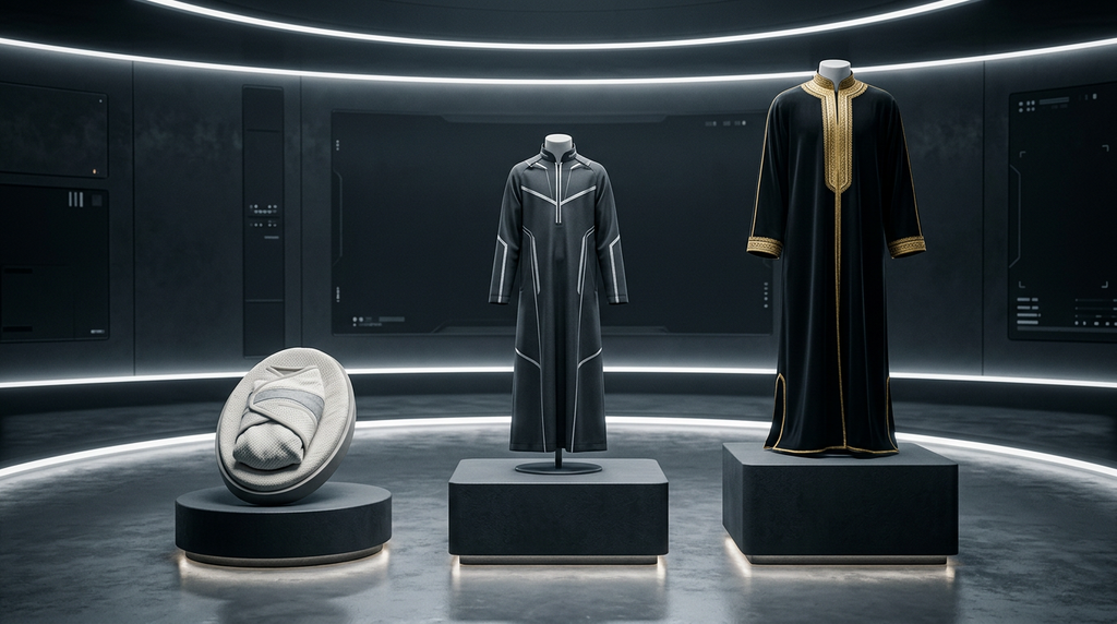 Concept showroom presentation with newborn nest, charcoal thobe and black gold-trimmed ceremonial outfit.
