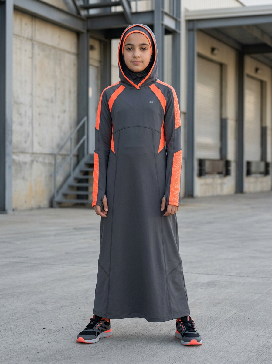 Girl wearing a full-length grey hooded sports abaya with neon-orange shoulder and sleeve panels, standing in an industrial outdoor setting.