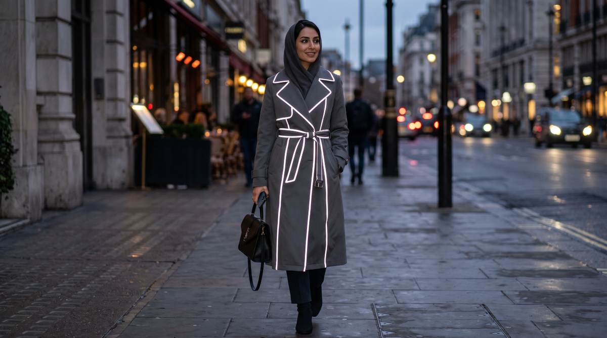 Woman wearing a slate-grey belted trenchcoat and dark grey hijab on a wet city pavement, with bright silver-white accents tracing the lapels, front edges and belt.
