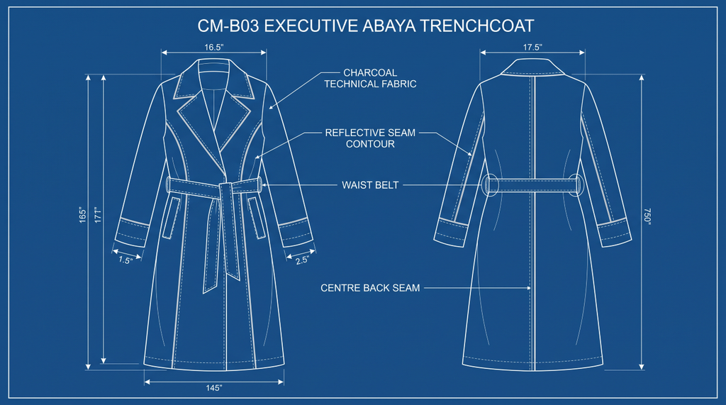 CM-B03 Executive Abaya Trenchcoat concept blueprint showing front and back views, lapels, waist belt and seam contours. Dimensions and performance are not validated production specifications.