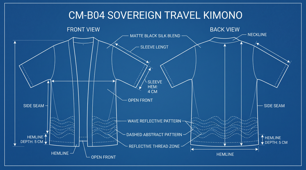 CM-B04 Sovereign Travel Kimono concept blueprint, front and back views with open front, sleeve hems and wave-pattern detail. Materials and performance are unverified design concepts.