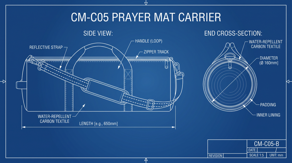 CM-C05 Prayer Mat Carrier concept blueprint with side view and end cross-section. Illustrative 650 mm length and 160 mm diameter; materials and performance are unverified.