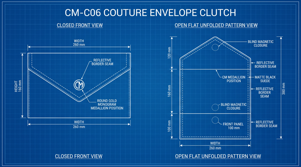 CM-C06 clutch concept blueprint with closed front and unfolded pattern views. Dimensions, materials, gold content and reflective performance are not independently verified.