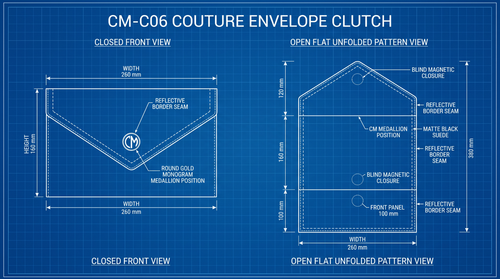 CM-C06 clutch concept blueprint with closed front and unfolded pattern views. Dimensions, materials, gold content and reflective performance are not independently verified.