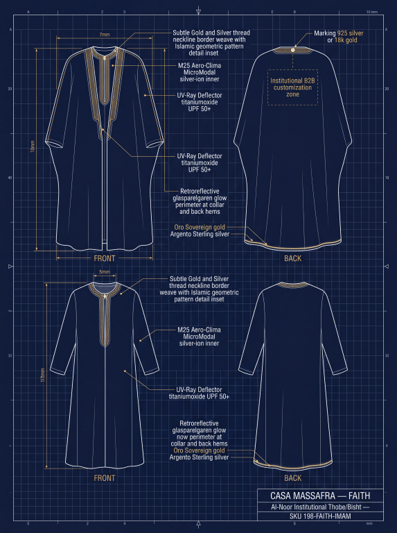 Al-Noor thobe and bisht concept blueprint with front and back views and proposed material callouts. Not evidence of ISO conformity or certified protective performance.