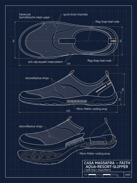 Concept blueprint of a slip-on aqua shoe showing top, side and exploded views with proposed drainage, heel coupling and cooling components.