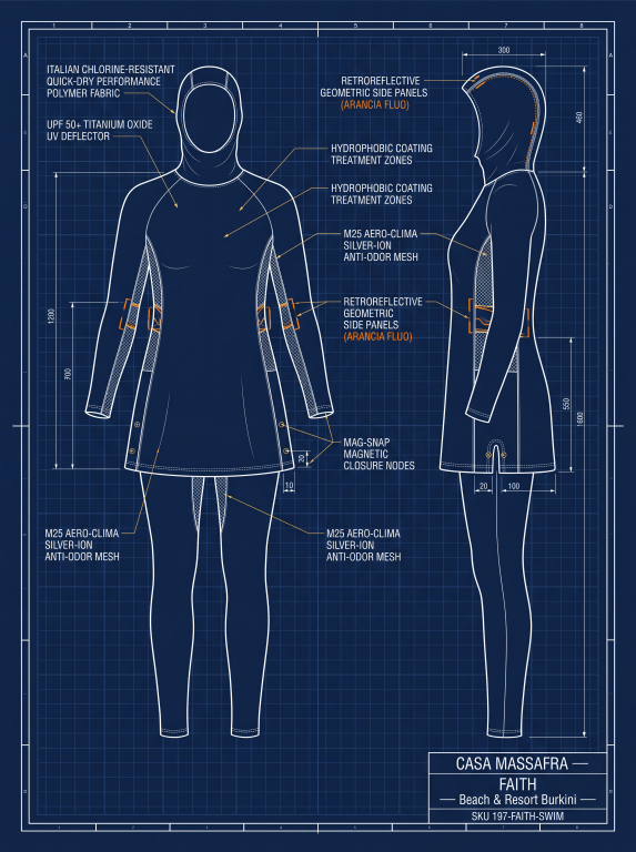 Beach & Resort Burkini design-concept blueprint, front and side views. Proposed material and performance labels are unverified; not certified safety or tracking equipment.