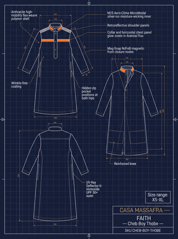 Cheb Boy Thobe concept blueprint with front, rear and angled garment views and orange collar and chest panels. Material and protection callouts are unverified design concepts.