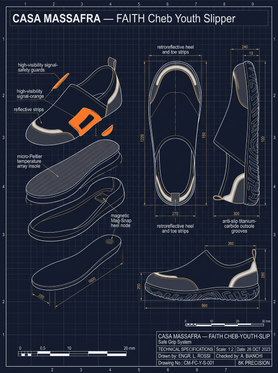 Concept blueprint of a charcoal youth slipper with orange instep details, showing exploded construction, top view and side profiles.