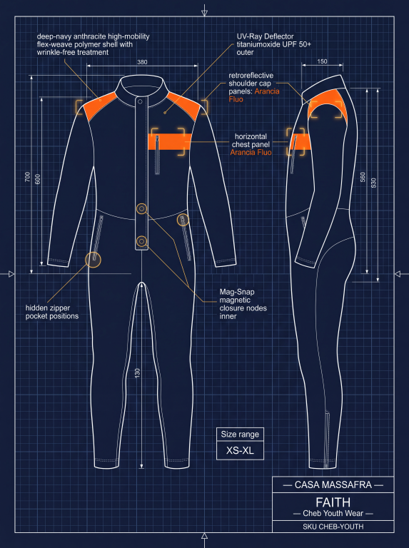 Cheb Youth Wear jumpsuit concept blueprint with front and side views and orange shoulder and chest panels. Material, UV protection and visibility callouts are unverified design concepts.