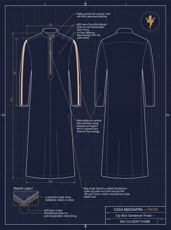 City Slick Gentleman Thobe R&D concept blueprint. Proposed construction, gold content, UV protection and reflective performance are not independently verified.
