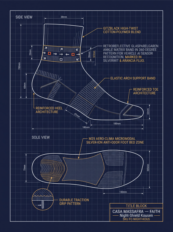 Concept blueprint of a mid-height sock showing side and sole views, ankle-band detailing and proposed footbed and grip zones.