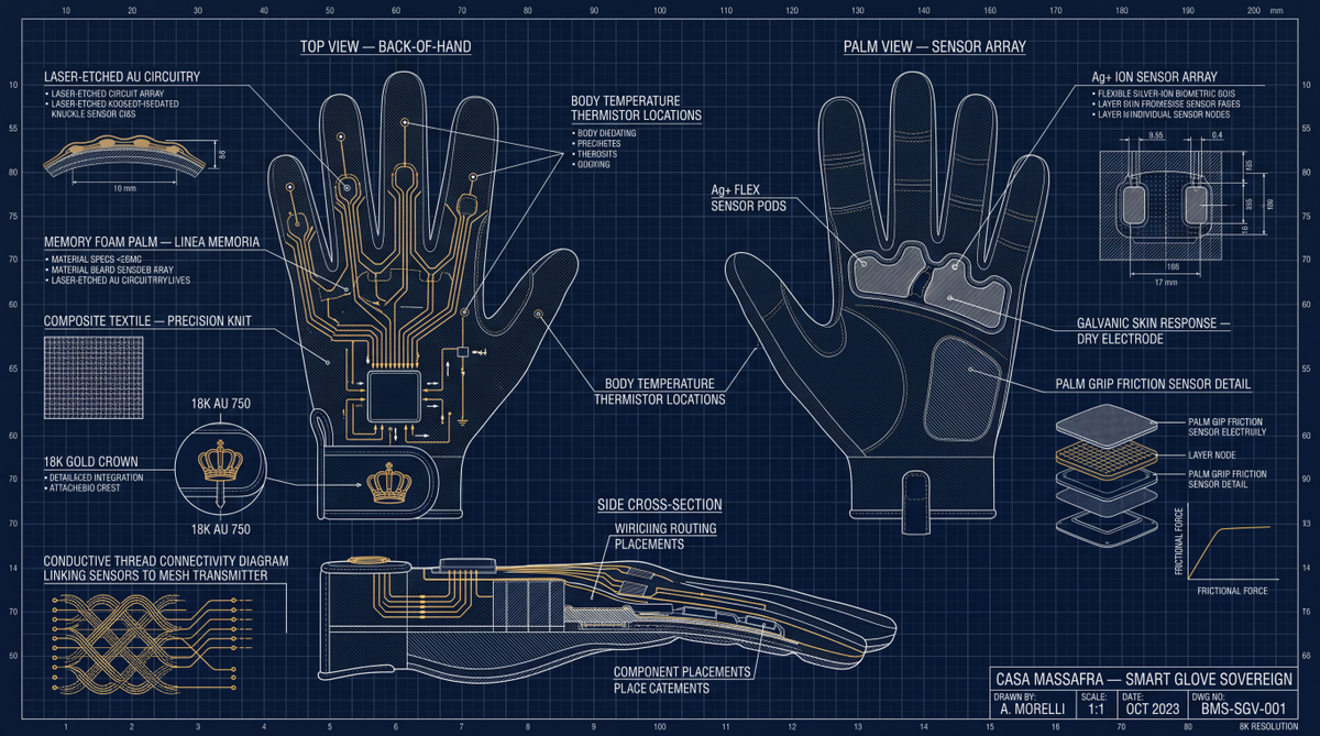 Concept blueprint of a dark glove with gold-tone circuit lines and crown emblem, showing back-of-hand, palm sensor diagrams and a side cross-section.