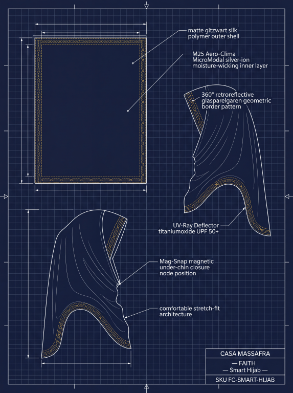 Smart Hijab R&D concept blueprint showing a flat fabric layout and two draped profiles. Proposed materials, UV protection, reflectivity and sensor recognition are unverified.