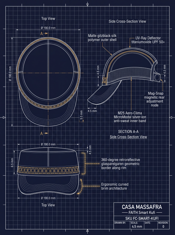 FAITH Smart Kufi concept blueprint with top, front and cross-section views. Proposed materials, UV protection, thermal regulation and visibility are unverified design concepts.