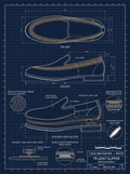 Concept blueprint of a traditional slipper with gold-tone geometric border, showing top, side and exploded views with proposed heel and cooling components.