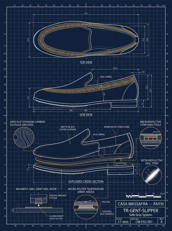 Concept blueprint of a traditional slipper with gold-tone geometric border, showing top, side and exploded views with proposed heel and cooling components.