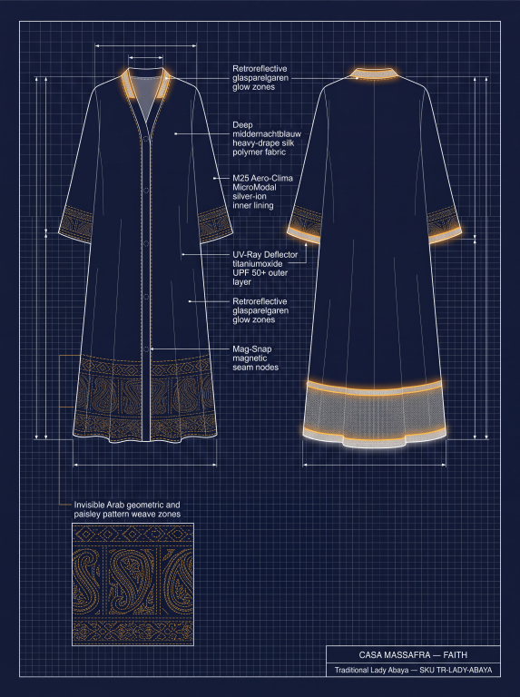 Traditional Lady Abaya R&D concept blueprint with front and rear views and a decorative weave inset. Material, UV protection and reflective performance labels are unverified.