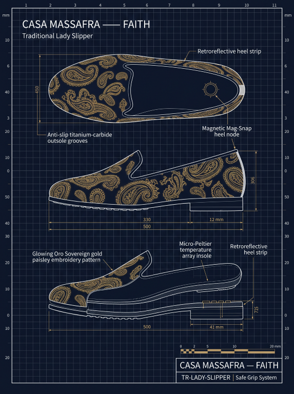 Concept blueprint of a dark women's slipper with gold-tone paisley decoration, showing top, side and exploded cross-section views.