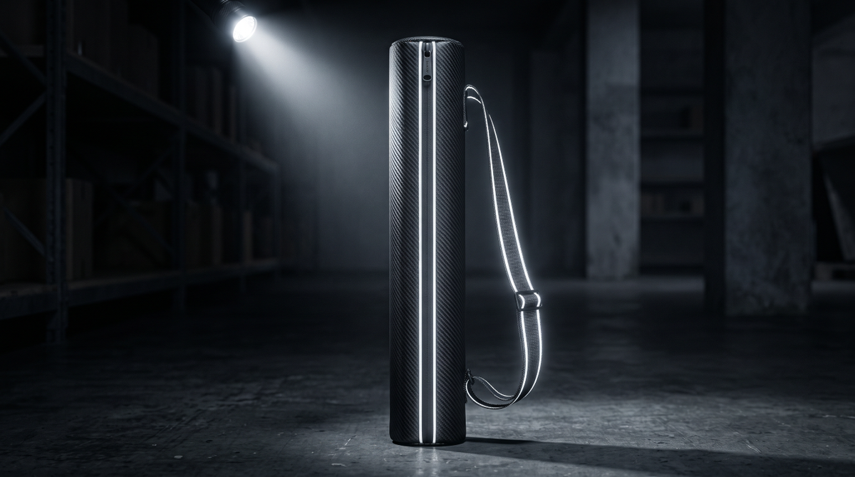 Upright black cylindrical case with diagonal carbon texture, bright silver-white zip tracks and shoulder-strap edging under a spotlight in an industrial setting.
