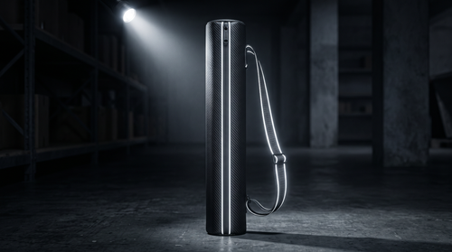 Upright black cylindrical case with diagonal carbon texture, bright silver-white zip tracks and shoulder-strap edging under a spotlight in an industrial setting.
