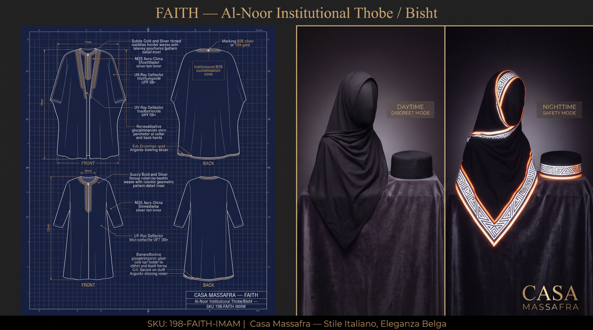 Al-Noor campaign concept: thobe and bisht blueprint beside daytime and illuminated hijab and kufi illustrations. Materials, UV and reflective safety claims are unverified.