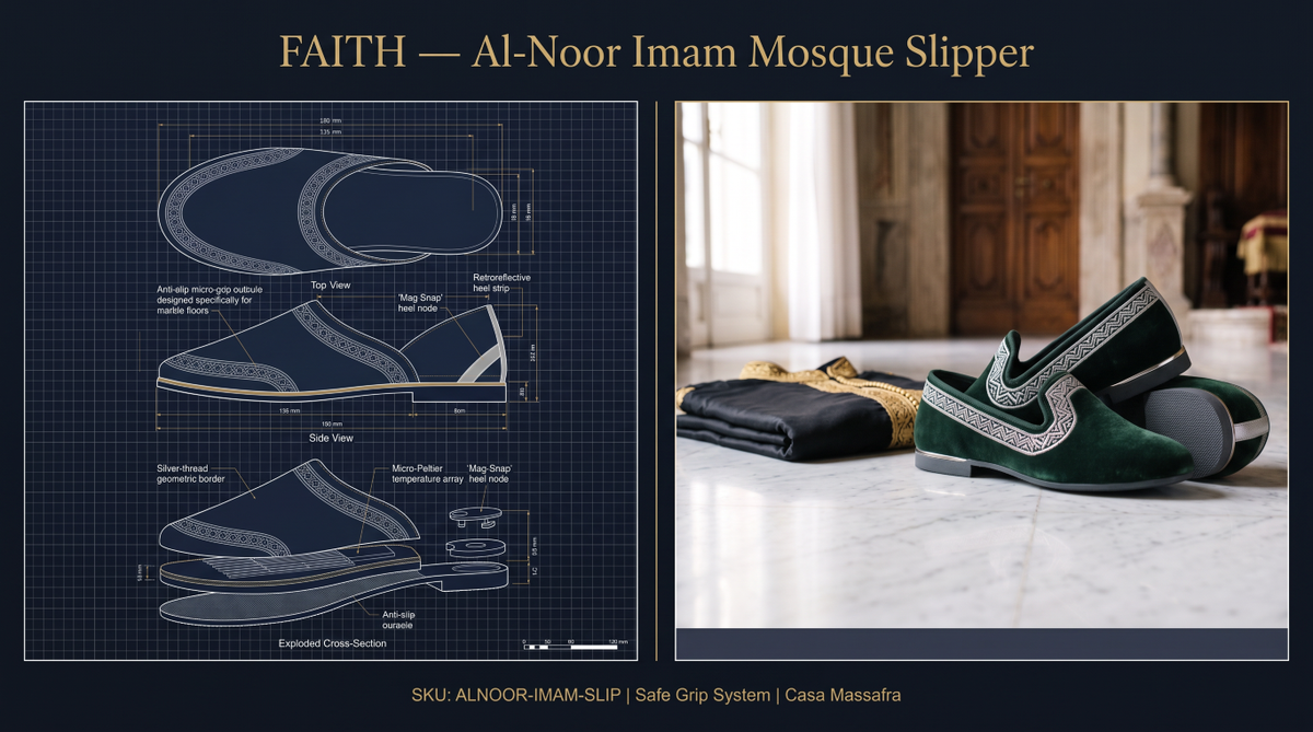 Concept split-screen presentation combining a technical slipper blueprint with emerald-green slippers with silver-tone geometric borders on marble.