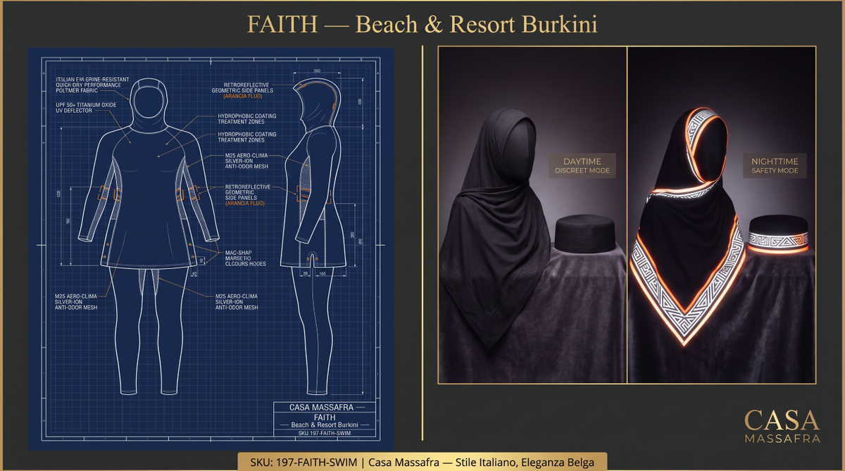 Beach and Resort Burkini campaign concept: garment blueprint beside illustrative day and night hijab and kufi views. UV, reflective and material claims are unverified.