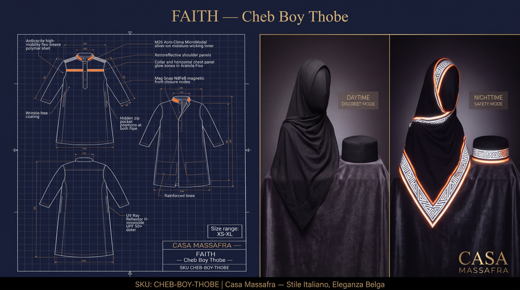 Cheb Boy Thobe campaign concept: youth garment blueprint beside illustrative day/night hijab and kufi views. Materials, reflective effects and safety labels are unverified.