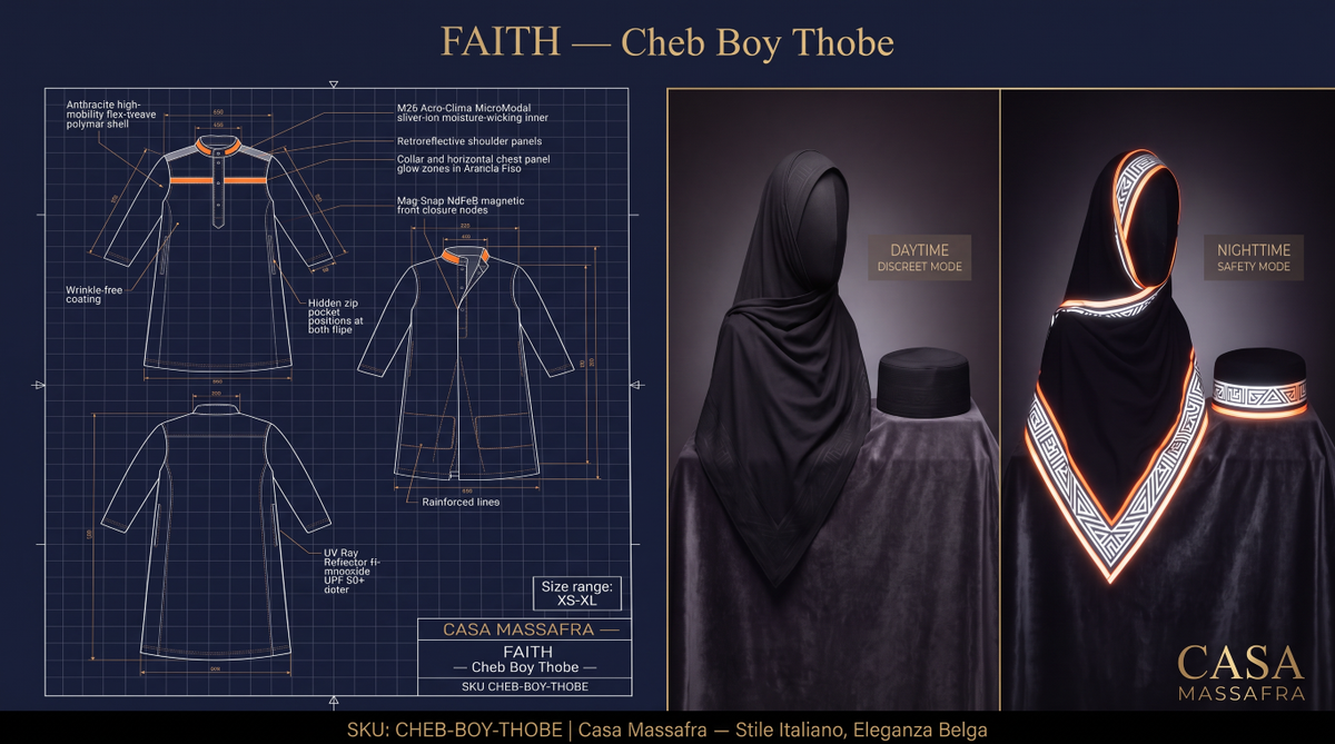 Cheb Boy Thobe campaign concept: youth garment blueprint beside illustrative day/night hijab and kufi views. Materials, reflective effects and safety labels are unverified.