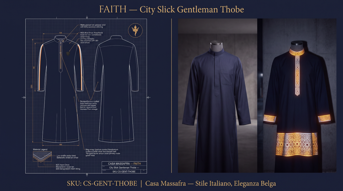City Slick Gentleman campaign concept with garment blueprint and dark versus amber-illuminated thobe illustrations. Decorative layouts differ; performance claims are unverified.