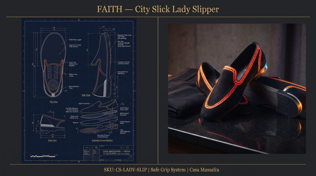 Concept split-screen showing a women's slipper blueprint beside black slip-on shoes with orange decorative borders.