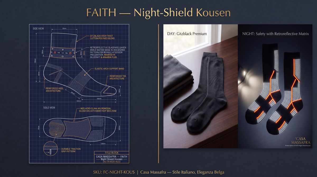 Concept marketing composite combining a sock blueprint with day/night illustrations of black socks with white and orange detailing; not a verified performance test.