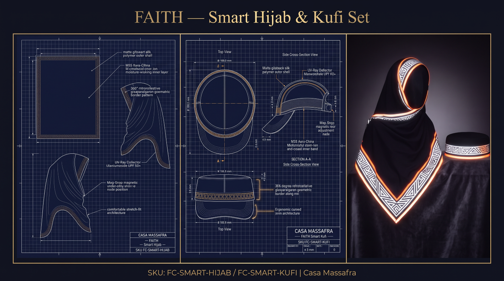 FAITH Smart Hijab and Kufi campaign concept with two blueprints and illuminated headwear artwork. Materials, UV and reflective safety labels are unverified.