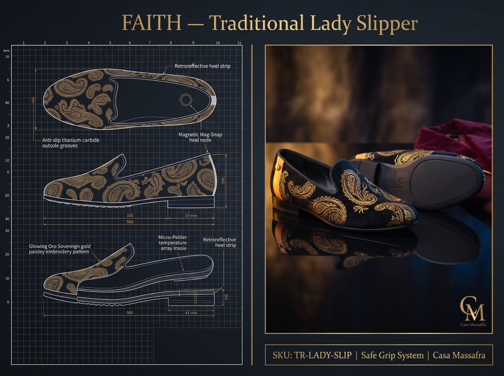 Concept split-screen presentation combining a traditional slipper blueprint with black slippers featuring gold-tone paisley decoration on a reflective dark surface.