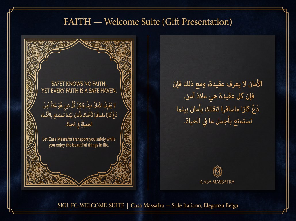 Welcome Suite concept presentation banner with gold decorative borders, English and Arabic brand messages, and Casa Massafra monogram on a dark background.