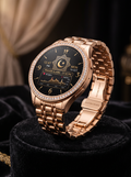 Round rose-gold-tone Eastern Promise watch concept with stone-set bezel and illustrative analogue-style prayer and heart-rate interface. Gold, stones and functions are unverified.