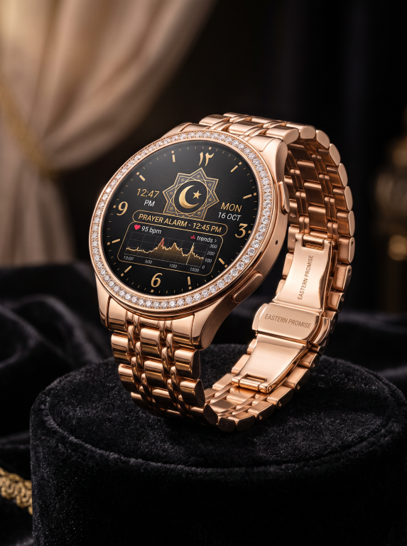 Round rose-gold-tone Eastern Promise watch concept with stone-set bezel and illustrative analogue-style prayer and heart-rate interface. Gold, stones and functions are unverified.