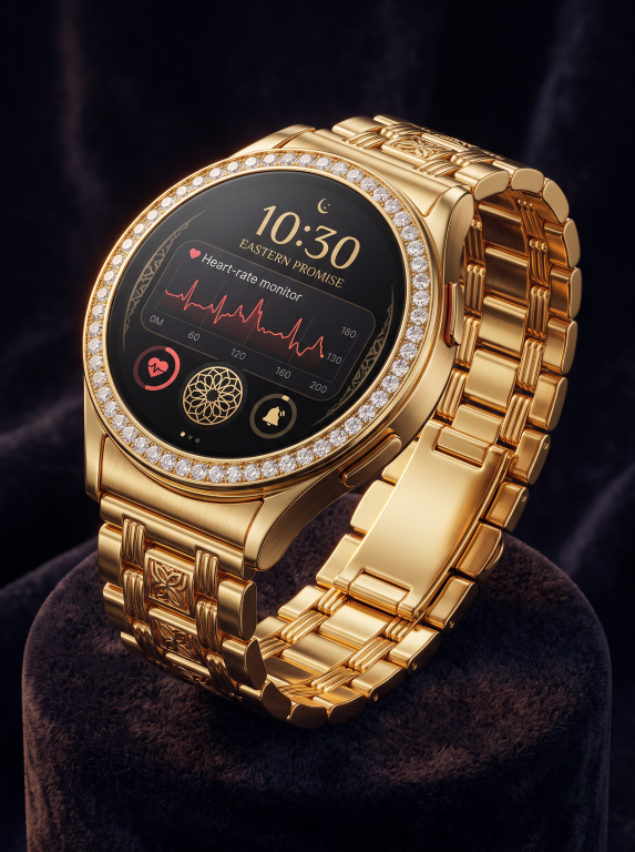 Round yellow-gold-tone Eastern Promise watch concept with stone-set bezel and ornate links. Illustrative display; 18k purity, diamond authenticity and smart functions are unverified.