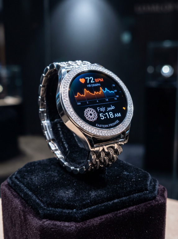 Round silver-tone Eastern Promise watch concept with stone-set bezel, sculptural links and illustrative Fajr and heart-rate display. Precious materials and functions are unverified.