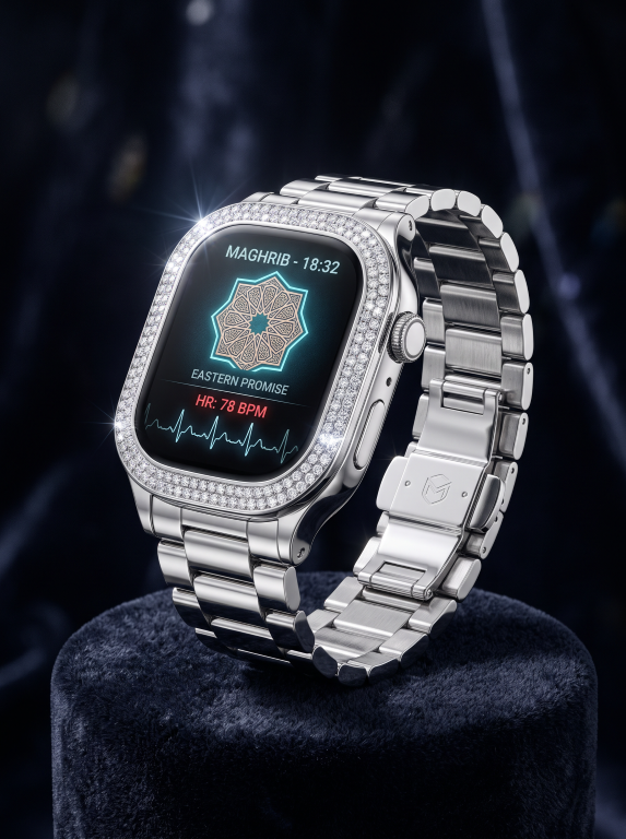 Rounded-square silver-tone Eastern Promise watch concept with stone-set bezel and illustrative Maghrib and heart-rate screen. Materials and smart functions are unverified.